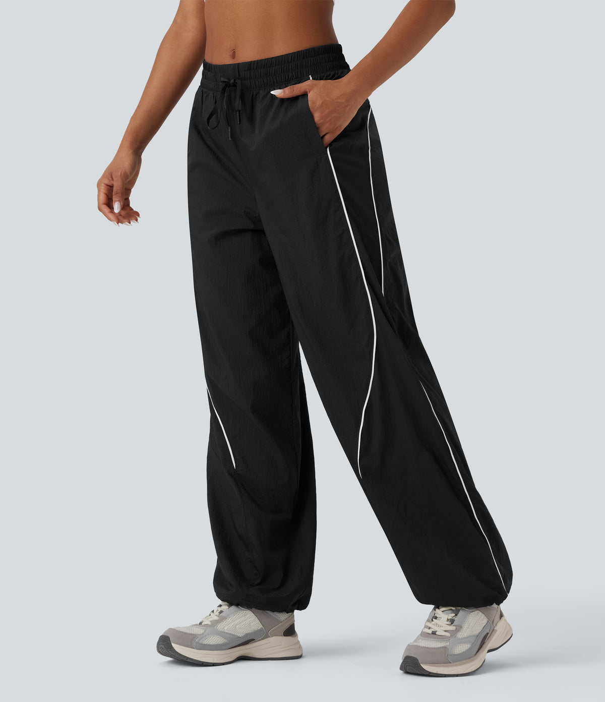Lightweight Durable Water Repellent Low Rise Drawstring Color Block Cinchable Hem Running Joggers with Pockets — Black — view 3