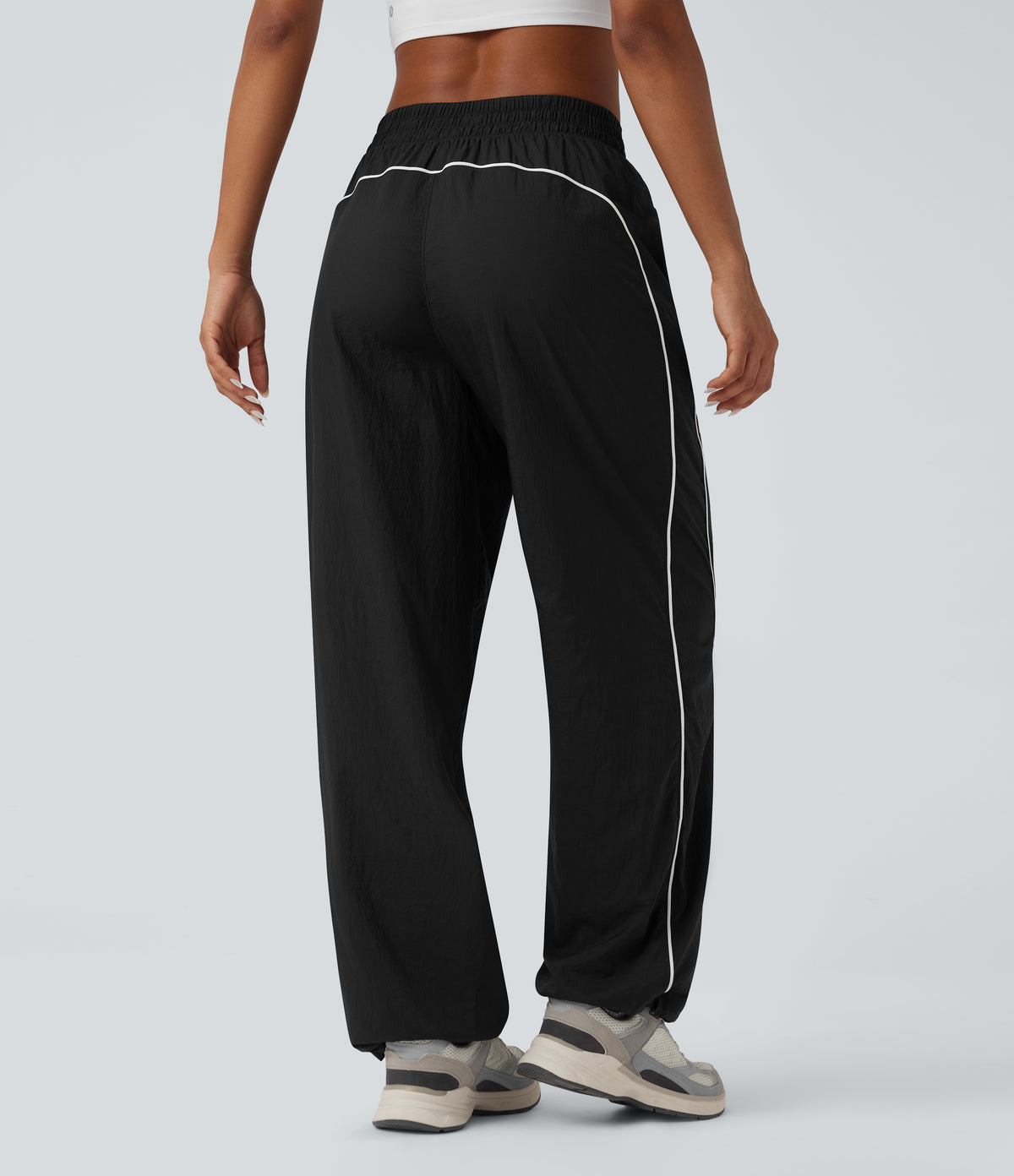 Lightweight Durable Water Repellent Low Rise Drawstring Color Block Cinchable Hem Running Joggers with Pockets — Black — view 2