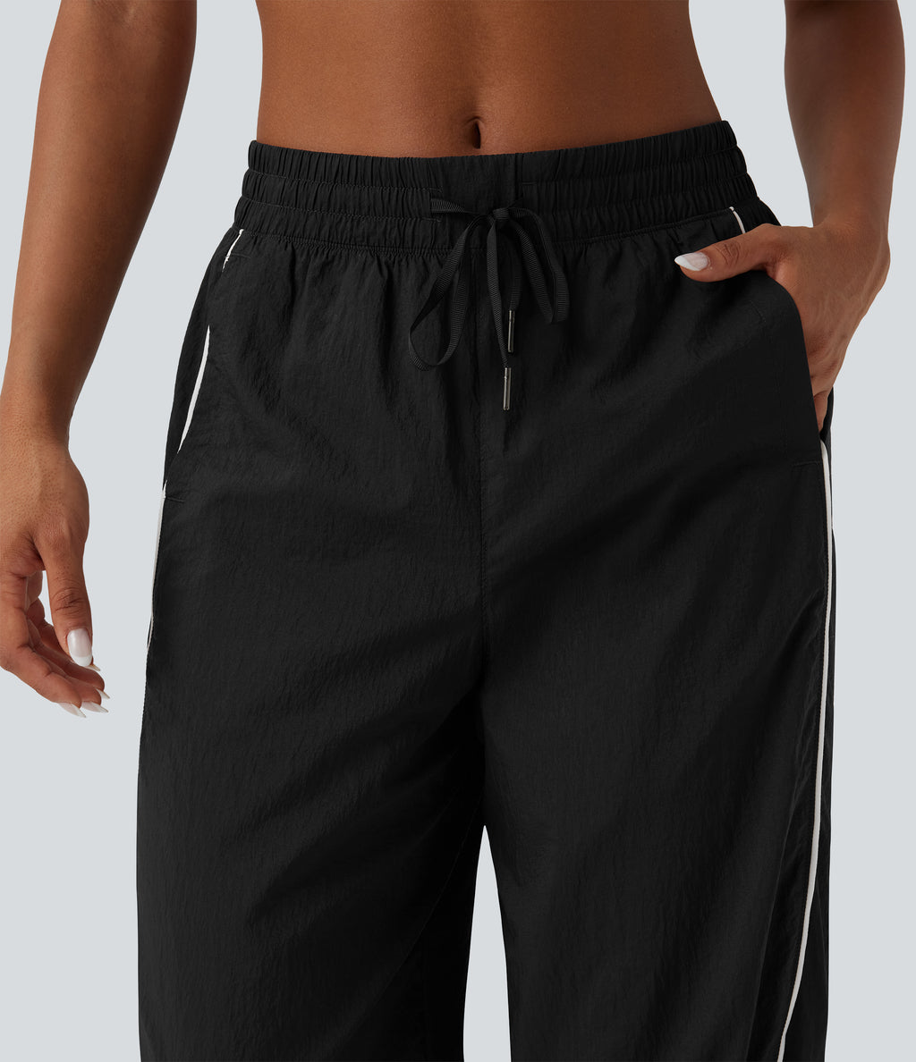 Lightweight Durable Water Repellent Low Rise Drawstring Color Block Cinchable Hem Running Joggers with Pockets — Black — view 4