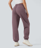 High Waisted Inside Drawstring Fleece Casual Joggers with Pockets — Flint — view 1