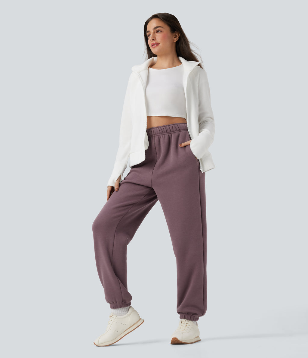 High Waisted Inside Drawstring Fleece Casual Joggers with Pockets — Flint — view 8