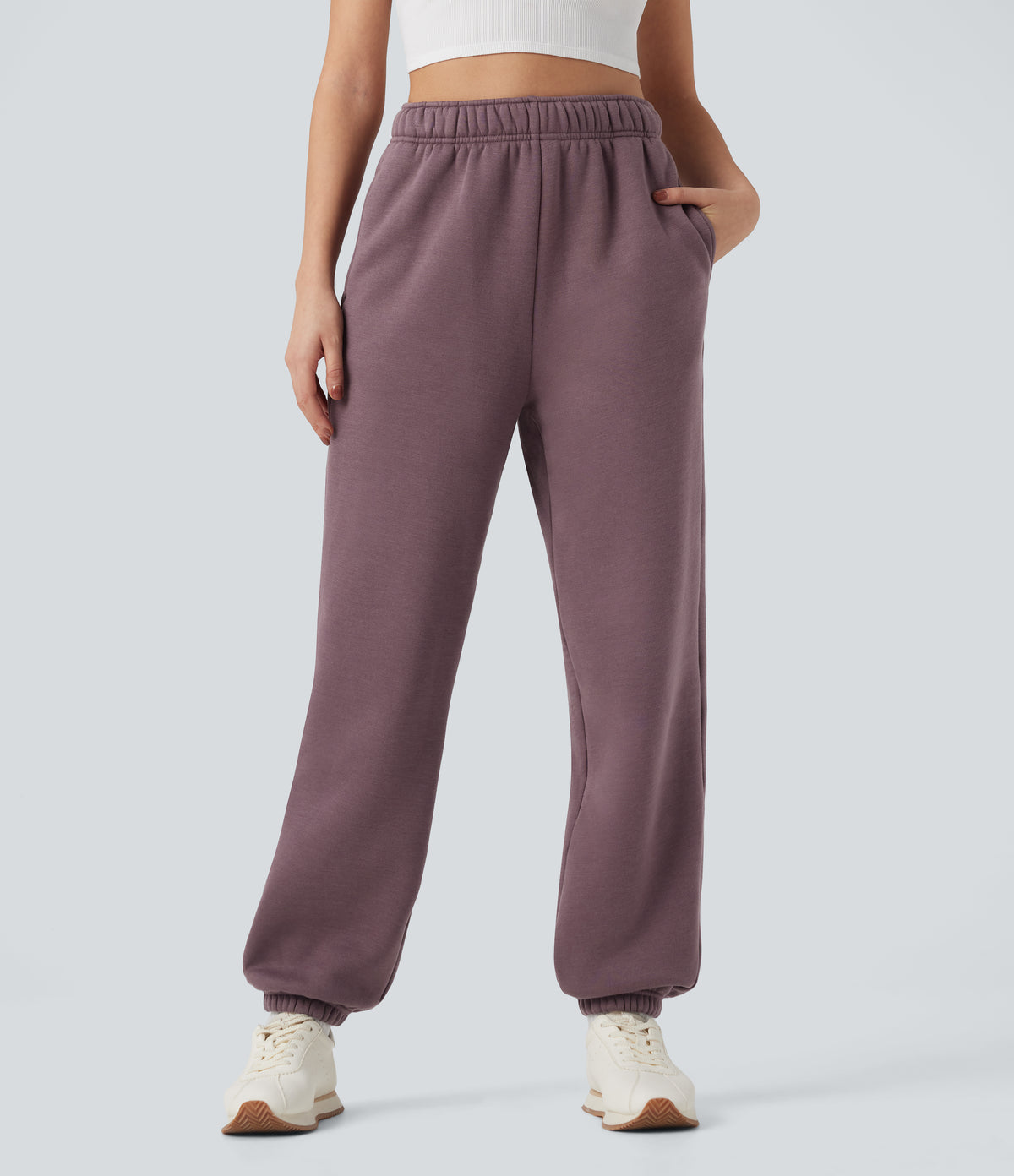 High Waisted Inside Drawstring Fleece Casual Joggers with Pockets — Flint — view 2