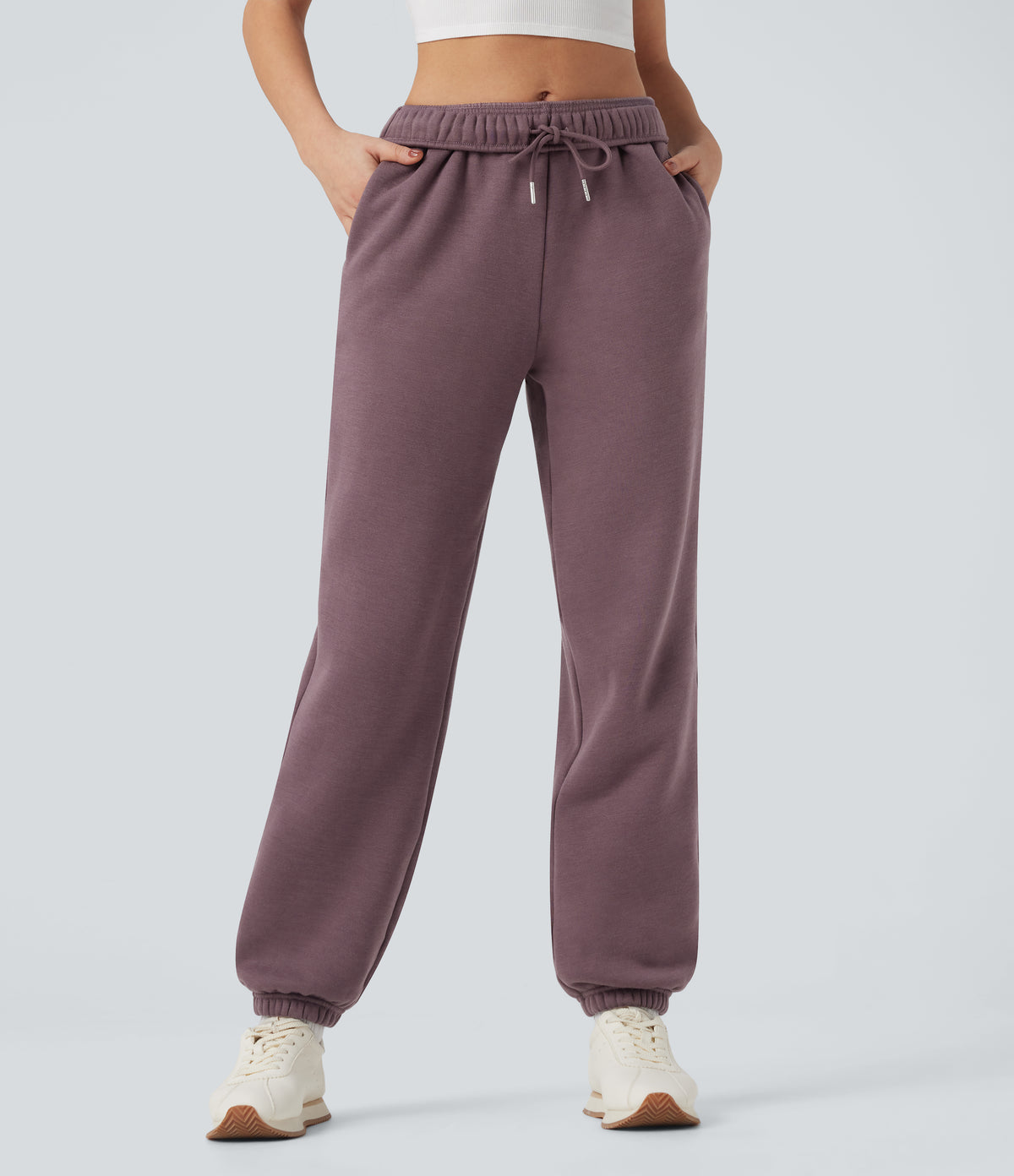 High Waisted Inside Drawstring Fleece Casual Joggers with Pockets — Flint — view 7