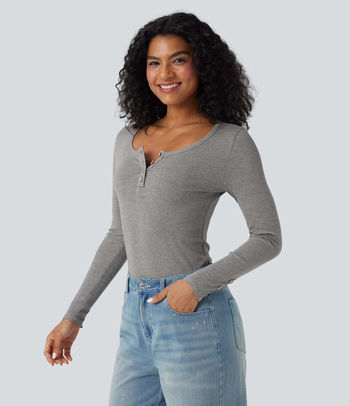 Ribbed Knit Henley Long Sleeve Slim Casual Top — Gray White Mix — view 1