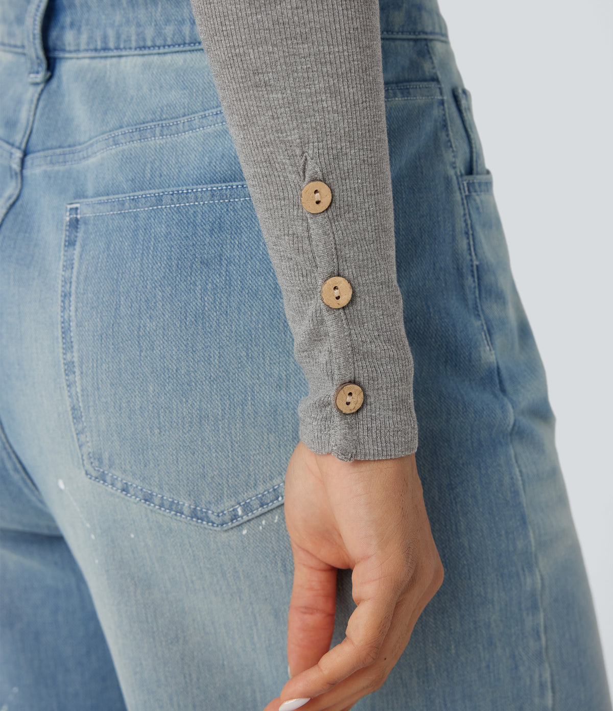Ribbed Knit Henley Long Sleeve Slim Casual Top — Gray White Mix — view 5