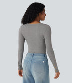 Ribbed Knit Henley Long Sleeve Slim Casual Top — Gray White Mix — view 2