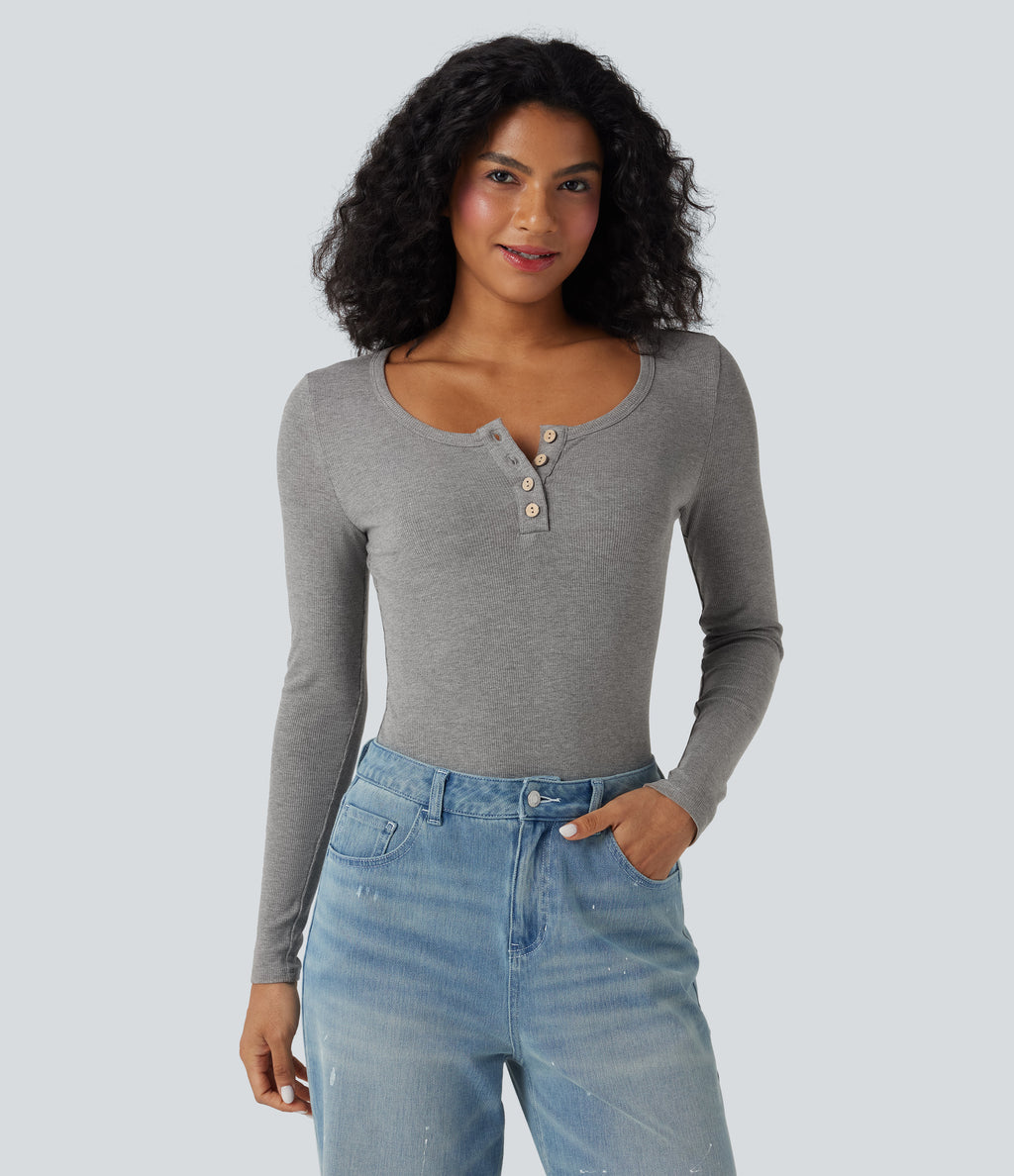 Ribbed Knit Henley Long Sleeve Slim Casual Top — Gray White Mix — view 3