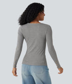 Ribbed Knit Henley Long Sleeve Slim Casual Top — Gray White Mix — view 7