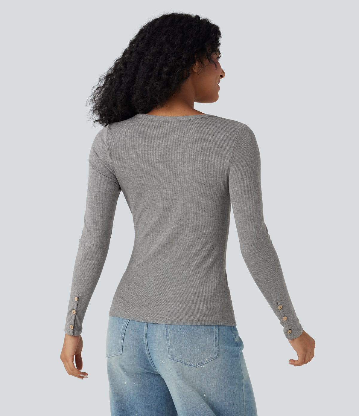 Ribbed Knit Henley Long Sleeve Slim Casual Top — Gray White Mix — view 7