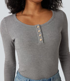 Ribbed Knit Henley Long Sleeve Slim Casual Top — Gray White Mix — view 4
