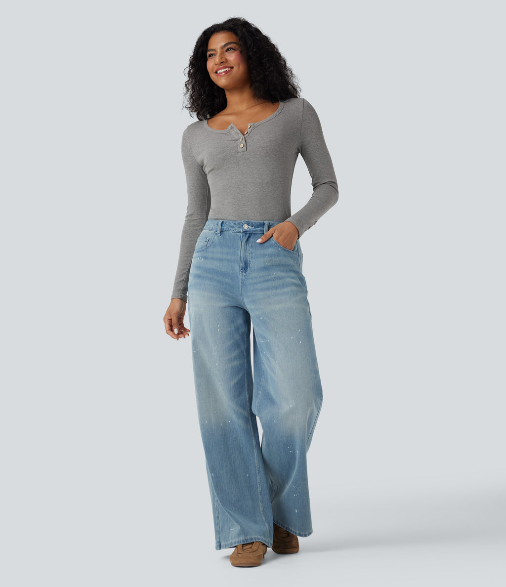 Ribbed Knit Henley Long Sleeve Slim Casual Top — Gray White Mix — view 8