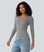Ribbed Knit Henley Long Sleeve Slim Casual Top — Gray White Mix — view 6