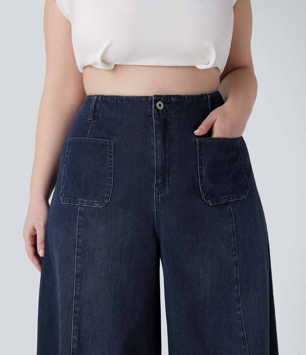 High Waisted Pockets Washed Casual Wide Leg Plus Size Jeans — Deep Blue Water Denim — view 4
