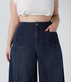 High Waisted Pockets Washed Casual Wide Leg Plus Size Jeans — Deep Blue Water Denim — view 4