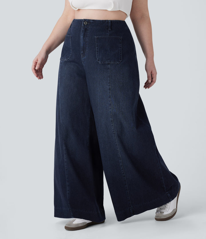 High Waisted Pockets Washed Casual Wide Leg Plus Size Jeans — Deep Blue Water Denim — view 1
