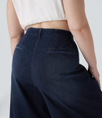 High Waisted Pockets Washed Casual Wide Leg Plus Size Jeans — Deep Blue Water Denim — view 5
