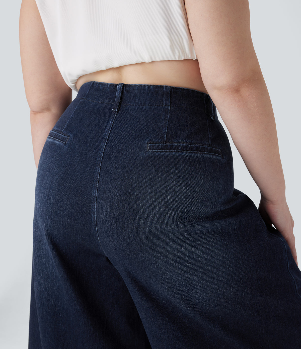High Waisted Pockets Washed Casual Wide Leg Plus Size Jeans — Deep Blue Water Denim — view 5