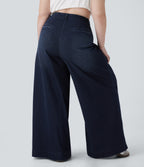 High Waisted Pockets Washed Casual Wide Leg Plus Size Jeans — Deep Blue Water Denim — view 2