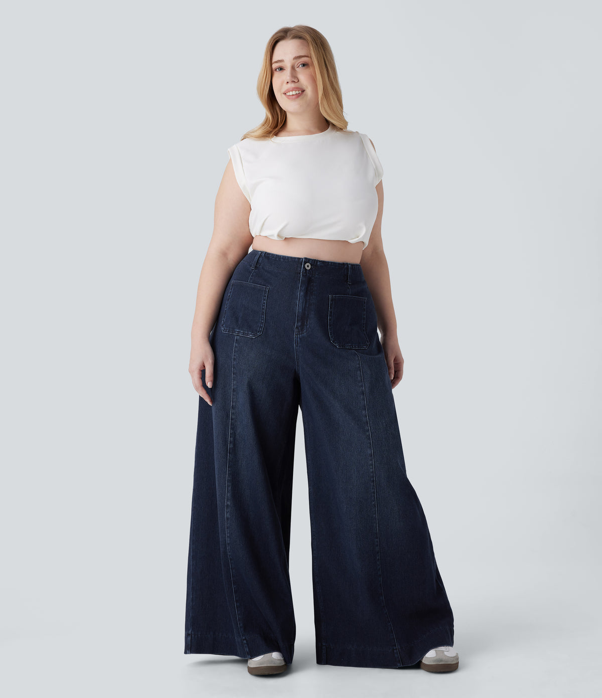 High Waisted Pockets Washed Casual Wide Leg Plus Size Jeans — Deep Blue Water Denim — view 6