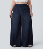 High Waisted Pockets Washed Casual Wide Leg Plus Size Jeans — Deep Blue Water Denim — view 3