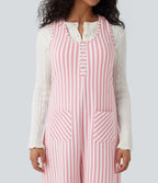 U-Neck Sleeveless Stripe Waffle Casual Jumpsuit with Pockets — Pink Stripe — view 4