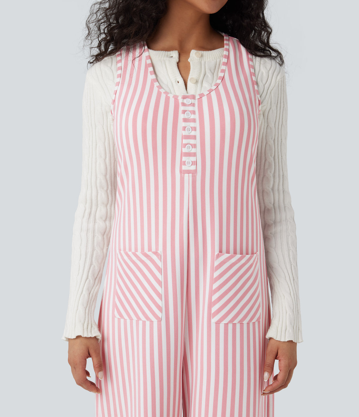 U-Neck Sleeveless Stripe Waffle Casual Jumpsuit with Pockets — Pink Stripe — view 4