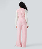 U-Neck Sleeveless Stripe Waffle Casual Jumpsuit with Pockets — Pink Stripe — view 2