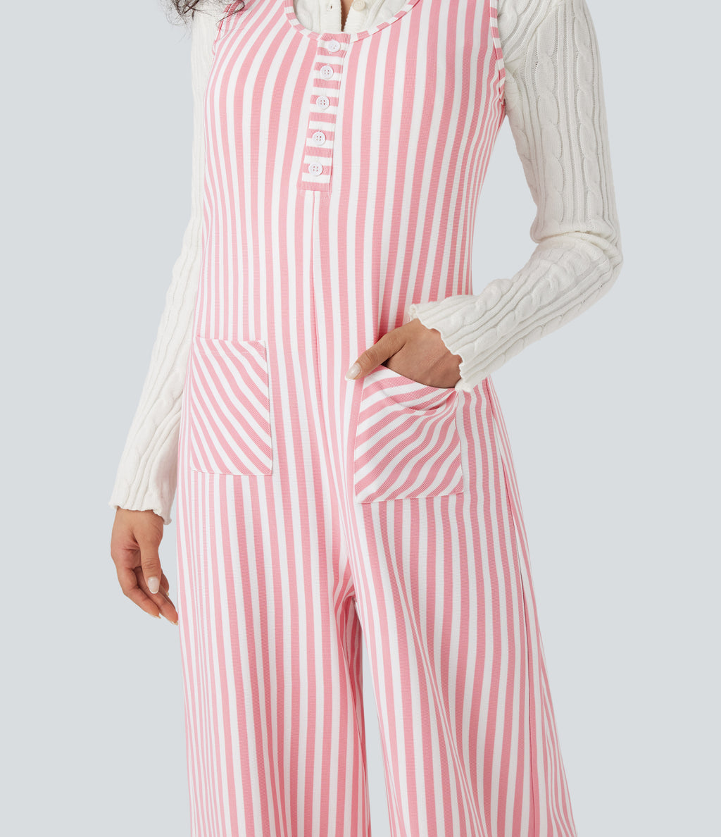 U-Neck Sleeveless Stripe Waffle Casual Jumpsuit with Pockets — Pink Stripe — view 5