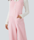 U-Neck Sleeveless Stripe Waffle Casual Jumpsuit with Pockets — Pink Stripe — view 5