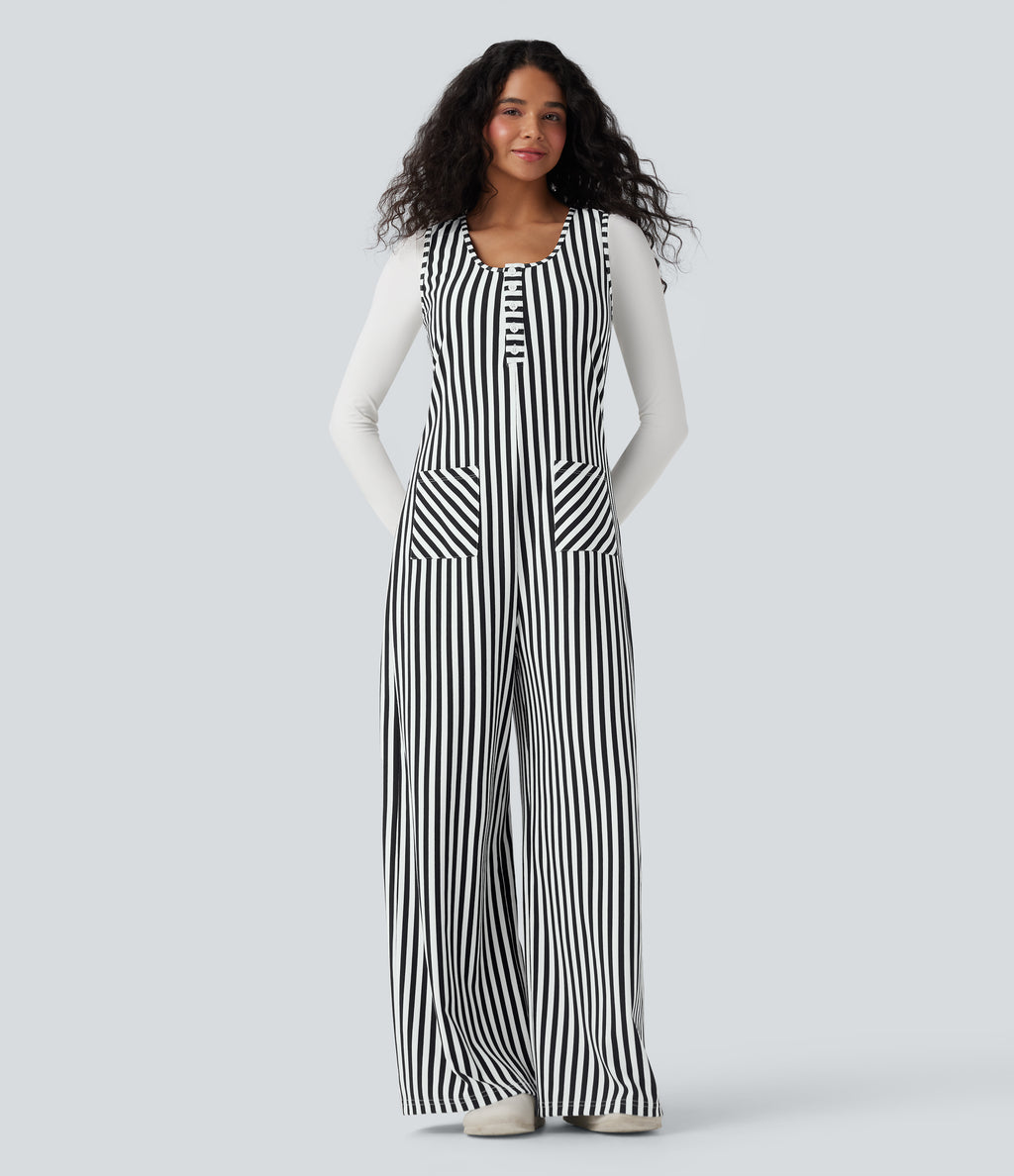 U-Neck Sleeveless Stripe Waffle Casual Jumpsuit with Pockets — Black White Horizontal Stripe — view 6