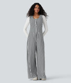 U-Neck Sleeveless Stripe Waffle Casual Jumpsuit with Pockets — Black White Horizontal Stripe — view 6