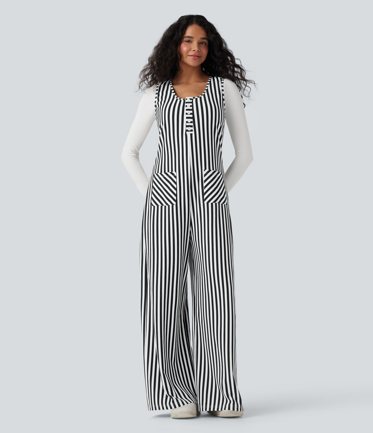 U-Neck Sleeveless Stripe Waffle Casual Jumpsuit with Pockets — Black White Horizontal Stripe — view 6
