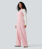 U-Neck Sleeveless Stripe Waffle Casual Jumpsuit with Pockets — Pink Stripe — view 3
