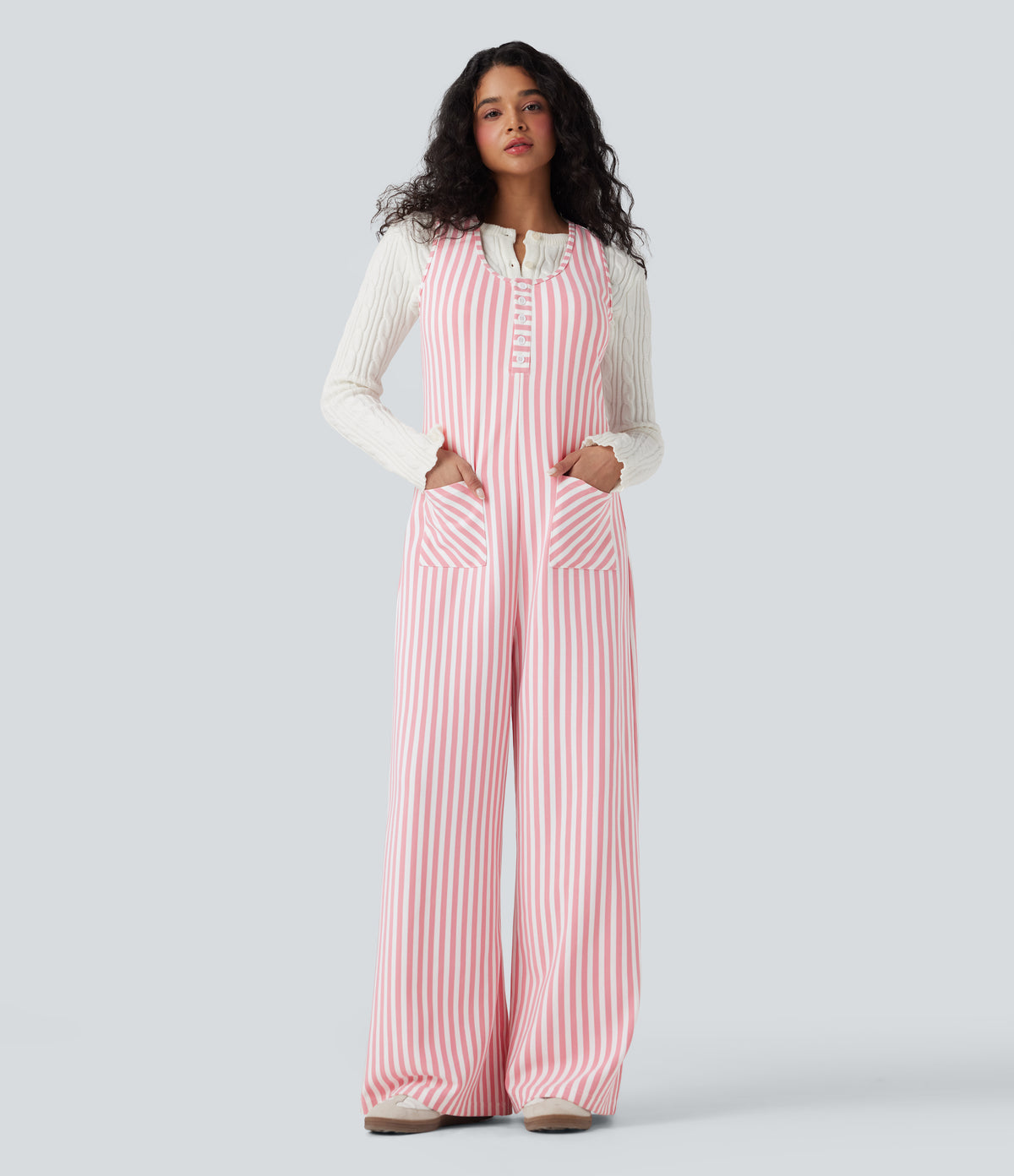 U-Neck Sleeveless Stripe Waffle Casual Jumpsuit with Pockets — Pink Stripe — view 1