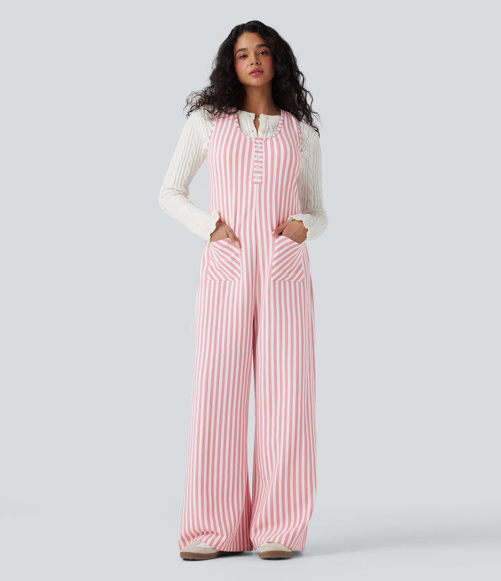 U-Neck Sleeveless Stripe Waffle Casual Jumpsuit with Pockets — Pink Stripe — view 1