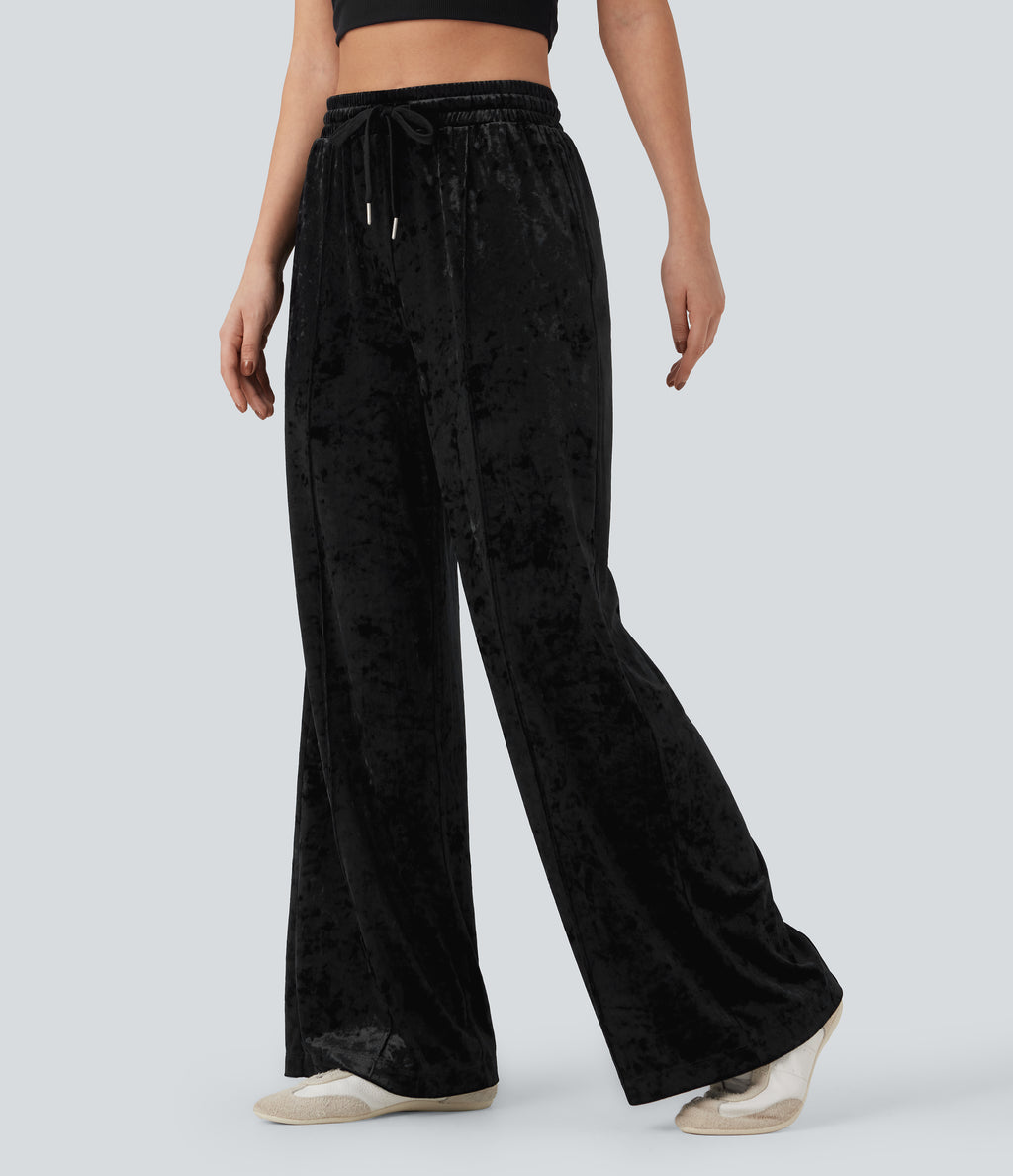 Mid Rise Drawstring Velvet Wide Leg Casual Trousers with Pockets — Black — view 3