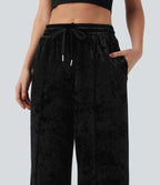Mid Rise Drawstring Velvet Wide Leg Casual Trousers with Pockets — Black — view 4