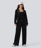 Mid Rise Drawstring Velvet Wide Leg Casual Trousers with Pockets — Black — view 5