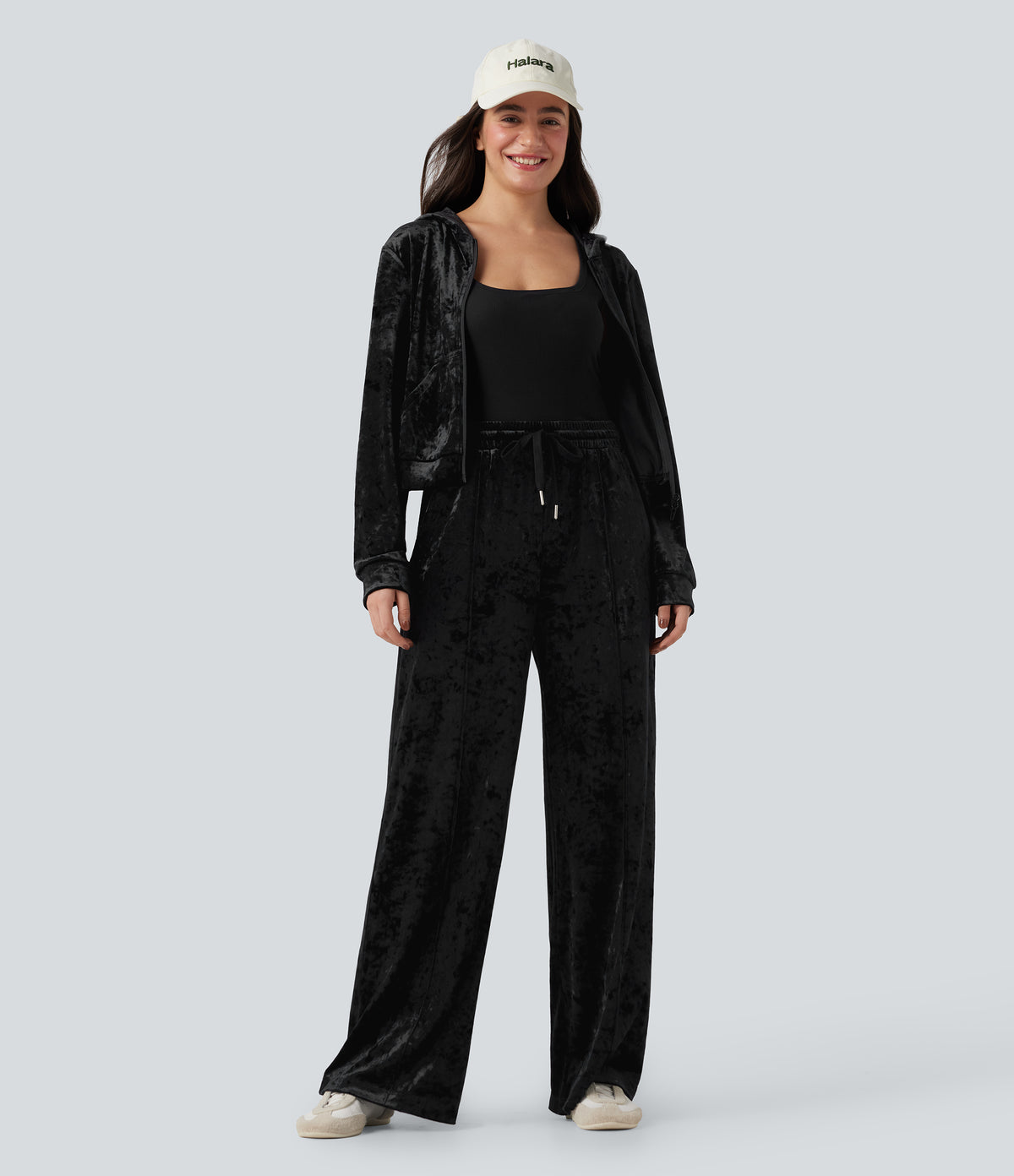 Mid Rise Drawstring Velvet Wide Leg Casual Trousers with Pockets — Black — view 5