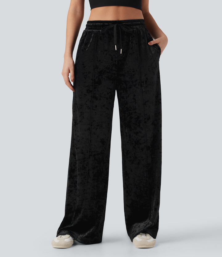 Mid Rise Drawstring Velvet Wide Leg Casual Trousers with Pockets — Black — view 1