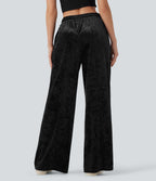 Mid Rise Drawstring Velvet Wide Leg Casual Trousers with Pockets — Black — view 2