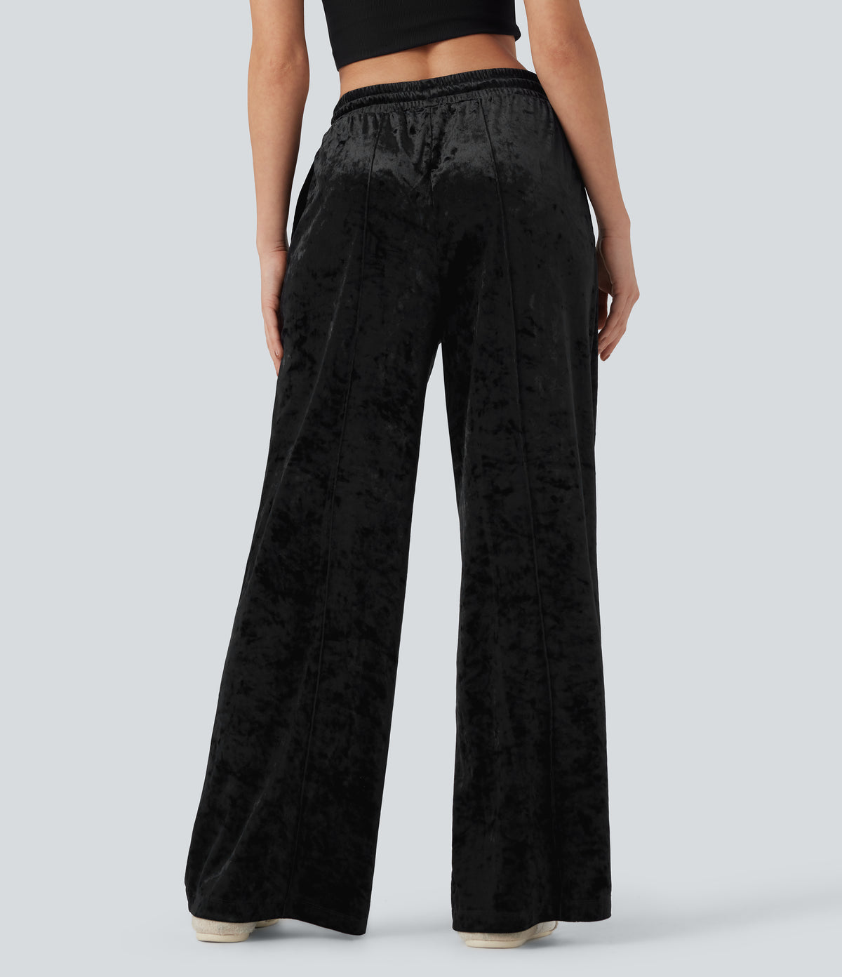Mid Rise Drawstring Velvet Wide Leg Casual Trousers with Pockets — Black — view 2