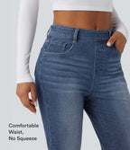 High Waisted Rolled Hem Casual Slim Jeans with Pockets — Estate Blue Denim — view 7
