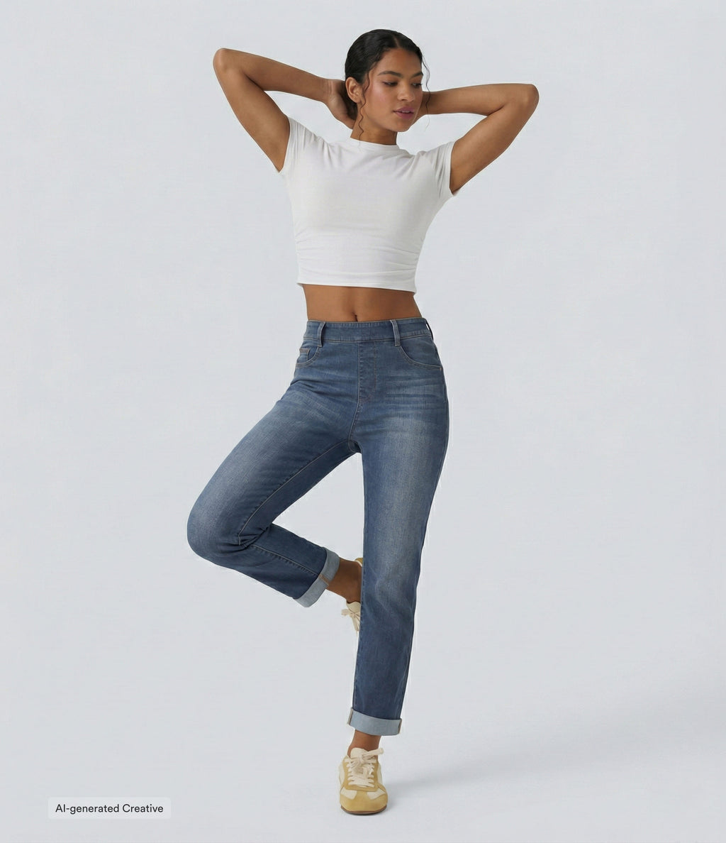 High Waisted Rolled Hem Casual Slim Jeans with Pockets — Estate Blue Denim — view 3