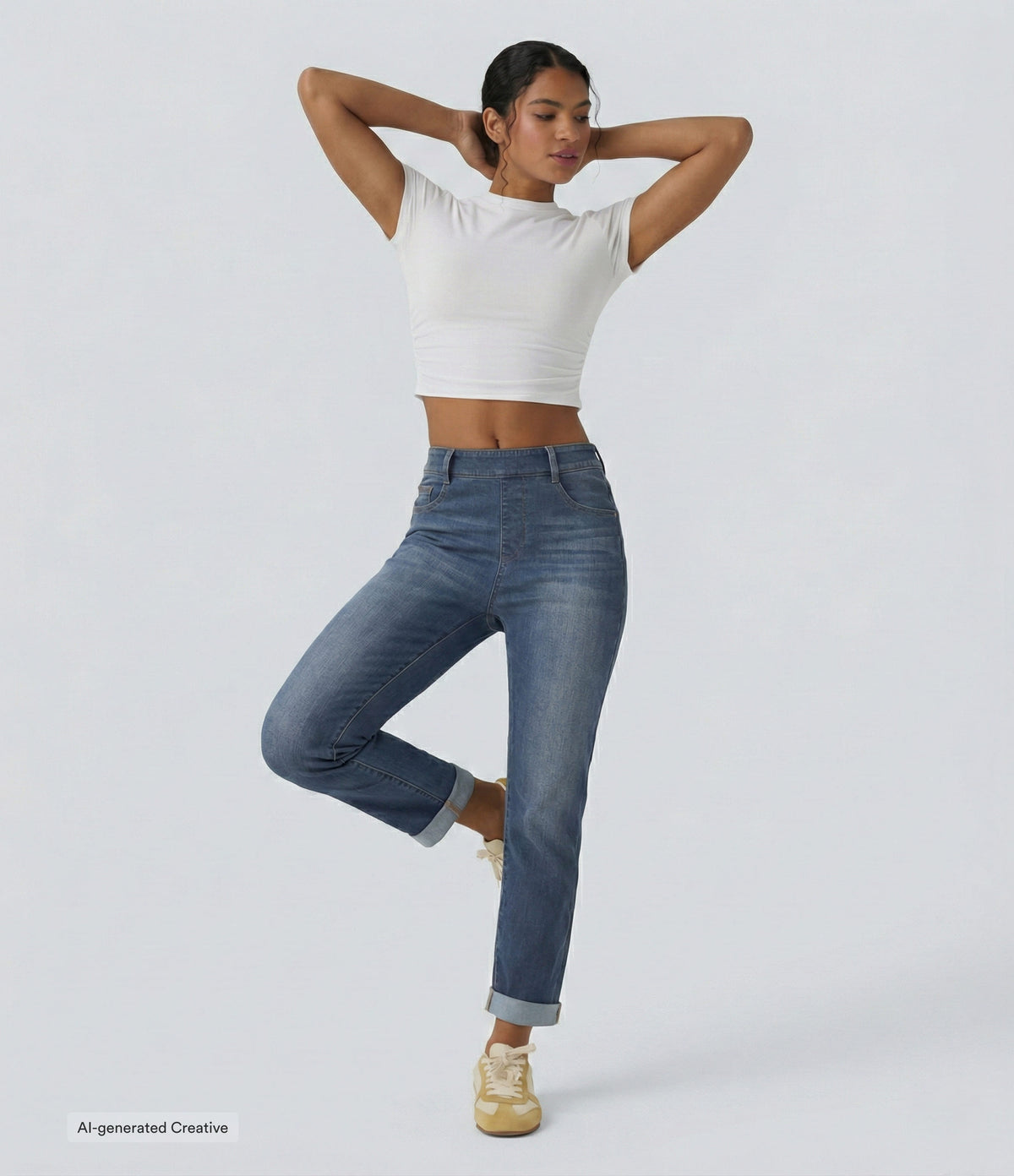 High Waisted Rolled Hem Casual Slim Jeans with Pockets — Estate Blue Denim — view 3