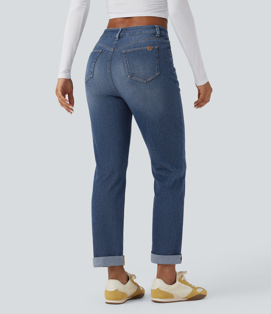 High Waisted Rolled Hem Casual Slim Jeans with Pockets — Estate Blue Denim — view 2