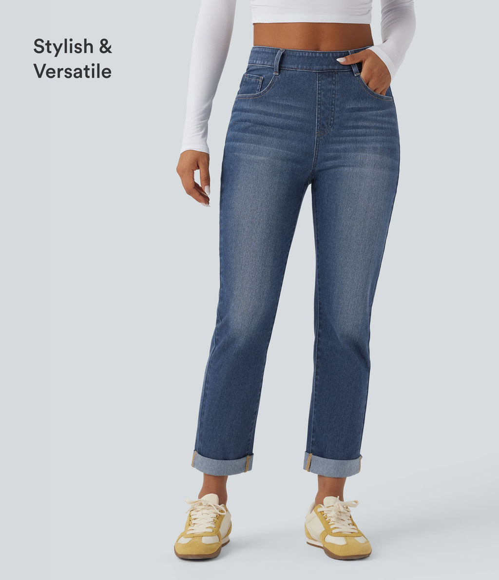 High Waisted Rolled Hem Casual Slim Jeans with Pockets — Estate Blue Denim — view 6
