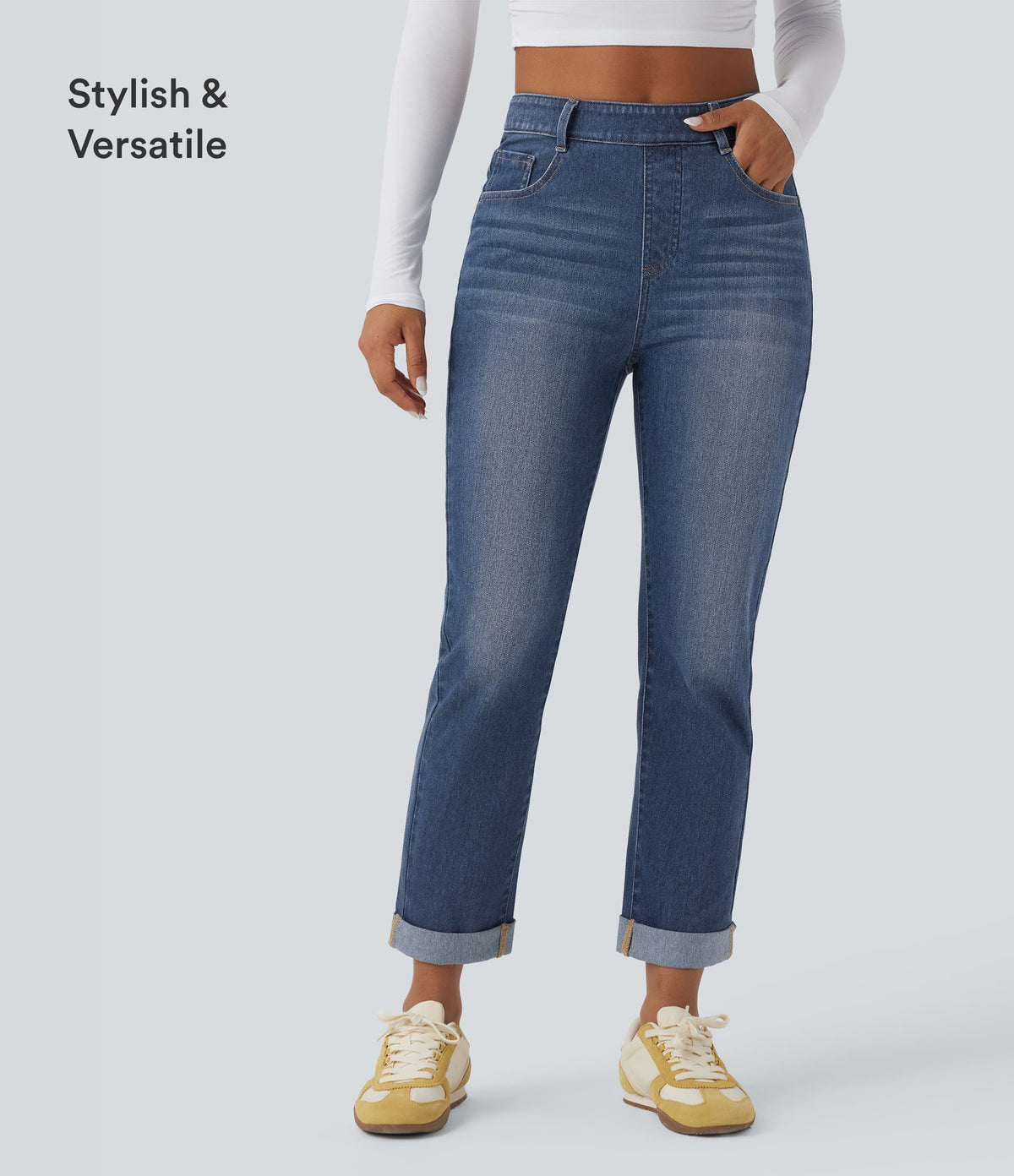 High Waisted Rolled Hem Casual Slim Jeans with Pockets — Estate Blue Denim — view 6