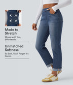High Waisted Rolled Hem Casual Slim Jeans with Pockets — Estate Blue Denim — view 1