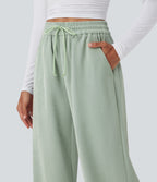 High Waisted Drawstring Wide Leg Casual Trousers with Pockets — Frosty Green — view 4